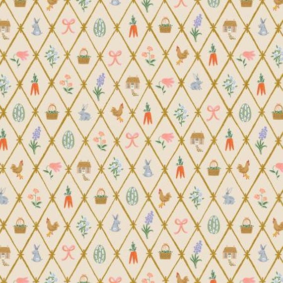 Easter - Easter Lattice - Linen Color, Metallic Fabric- RP1501-LI4M , Rifle Paper Co, Cotton + Steel, sold by the 1/2 yard or the yard