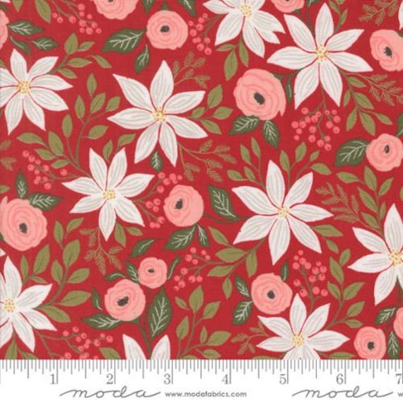 Berry And Pine, Poinsettia Party Florals, in Cranberry, By Lella Boutique, 5240 14, Moda, sold by the yard