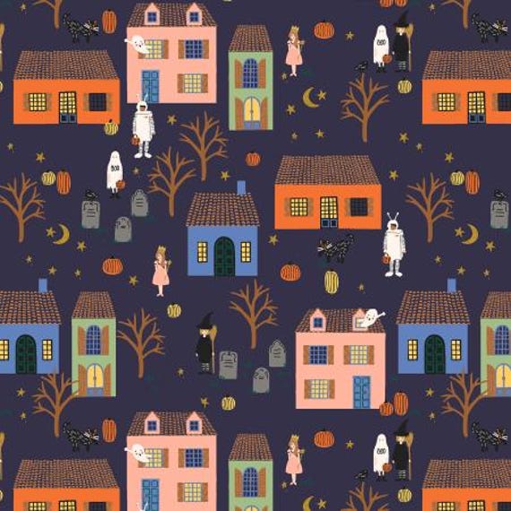 Halloween II, Halloween Night, Navy & Metallic Gold, Metallic Fabric, RP1307-NM2M, By Rifle Paper Co, Cotton+Steel, sold by the yard