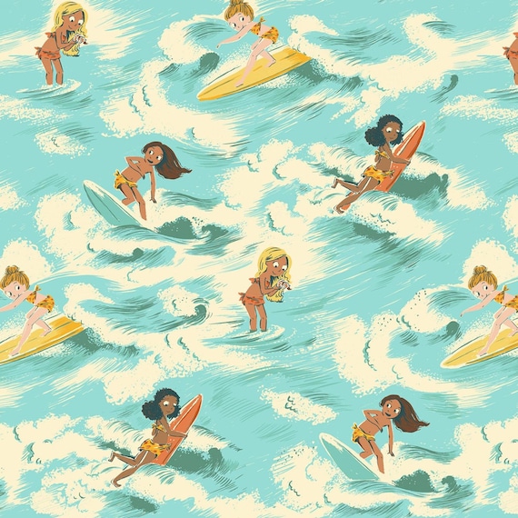 Heather Ross Blue Surf Girls, Malibu 52145-2, by Heather Ross from Windham, cotton fabric sold by the 1/2 yard or the yard