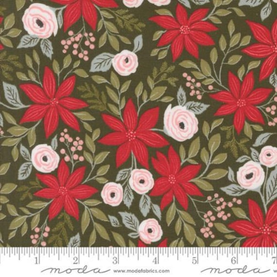Berry And Pine, Poinsettia Party Florals, in Wintergreen, By Lella Boutique, 5240 13, Moda, sold by the yard