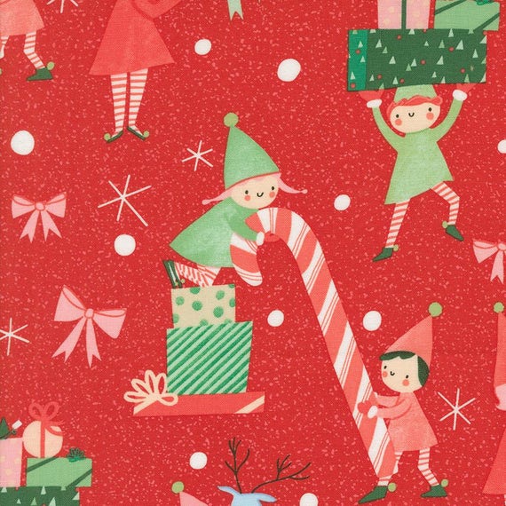 Tiny Christmas, Elves Novelty, Christmas Presents & Candy Cane, in Christmas red, 37131 12, by Lizzy House, for Moda, sold by the yard
