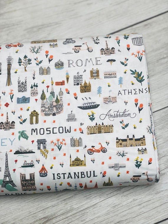 Bon Voyage, World Traveler - White Fabric, RP800-WH2, Rifle Paper Co, for Cotton + Steel, sold by the 1/2 yard or the yard  100% Cotton