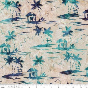 May include: Fabric with a tropical island design. The pattern features teal and navy blue palm trees, huts, and water elements against a beige background. The fabric is printed with a batik style.