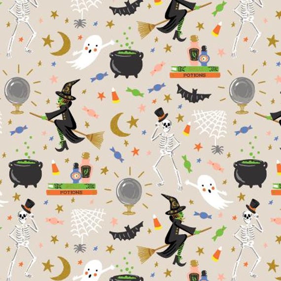 Halloween Party - Linen Metallic Fabric Cotton and Steel Sold by the yard