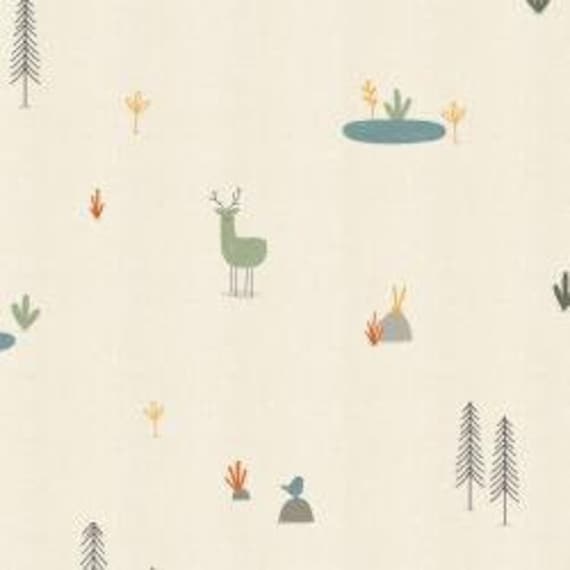 AE100-ST2U Dear Friends - Forest Cuties - Straw Unbleached Fabric- Cotton and Steel- RJR- sold by the 1/2 yard or the yard