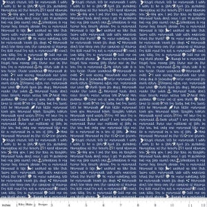 May include: Navy blue fabric with a repeating pattern of mermaid-themed text and imagery. The design includes phrases like "Mermaid is life" and "Swim with mermaids." The background is a dark blue color.