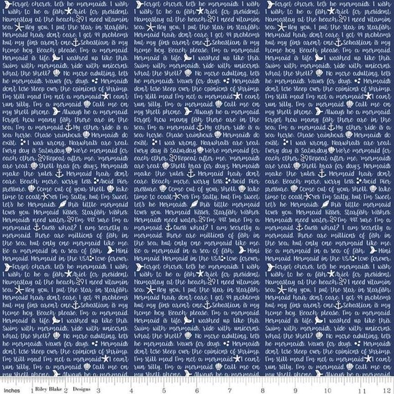 Let's Be Mermaids Shell Phone Navy, By Melissa Mortenson, for Riley Blake, sold by the 1/2 yard