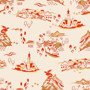 May include: A repeating pattern on a cream background featuring orange line drawings of a fantasy landscape. The design includes winged dragons perched on mountain peaks, tall towers, small houses, rolling hills, trees, and scattered sheep.