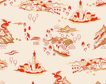 Può includere: Un motivo ripetitivo su sfondo color crema con disegni a linee arancioni di un paesaggio fantastico. Il design include draghi alati appollaiati su cime montuose, torri alte, piccole case, colline, alberi e pecore sparse.