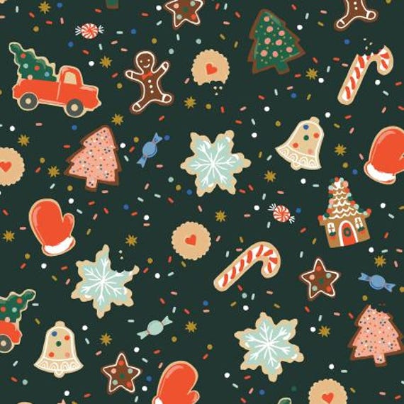 Holiday Classics III, RP617-EV1M, Christmas Cookies, in Evergreen Metallic, Rifle Paper Co, Cotton + Steel, Sold by the 1/2 yard or the yard