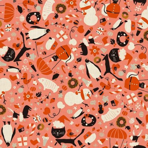 Waku Waku Christmas - Mixer - Coral Unbleached Fabric- NM202-CO2U- Cotton and Steel/RJR- Sold by the 1/2 yard or the yard