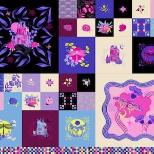 May include: A colorful fabric panel featuring a patchwork design with various illustrations. The artwork includes floral patterns, dragonflies, castles, and celestial elements in shades of pink, purple, and blue. The words "Glow Garden" and the artist's name are visible.