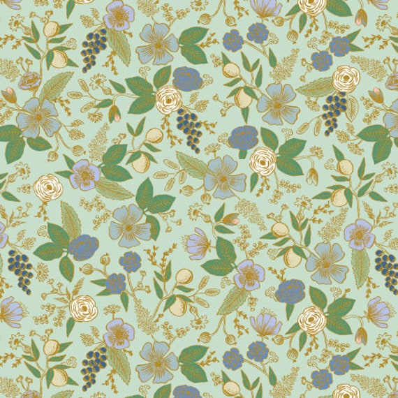 Orchard, RP1202-M2M, Colette,  Mint Metallic Fabric, By Rifle Paper Co, for Cotton+Steel, sold by the 1/2 yard or the yard