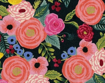 English Garden by Rifle Paper Co. Juliet Rose floral on Navy CANVAS fabric, sold by the 1/2 yard or the yard– cut continuously