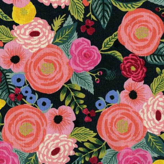 English Garden by Rifle Paper Co. Juliet Rose floral on Navy CANVAS fabric, sold by the 1/2 yard or the yard– cut continuously