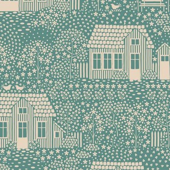 Hometown- My Neighborhood, in Teal, Hometown Collection, By Tone Finnanger, Tilda Fabrics, sold by the 1/2 yard or the yard