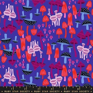 May include: A vibrant fabric pattern featuring stylized mushrooms in shades of red, pink, purple, and black against a deep blue background. The design includes various mushroom shapes and sizes, creating a whimsical and colorful textile.