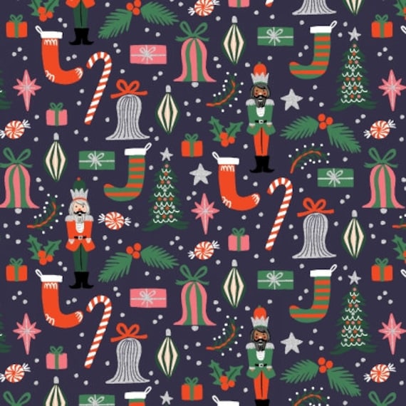 Holiday Classics, Deck the Halls, Navy Metallic Fabric, Rifle Paper Co,  Cotton+Steel, sold by the 1/2 yard or the yard