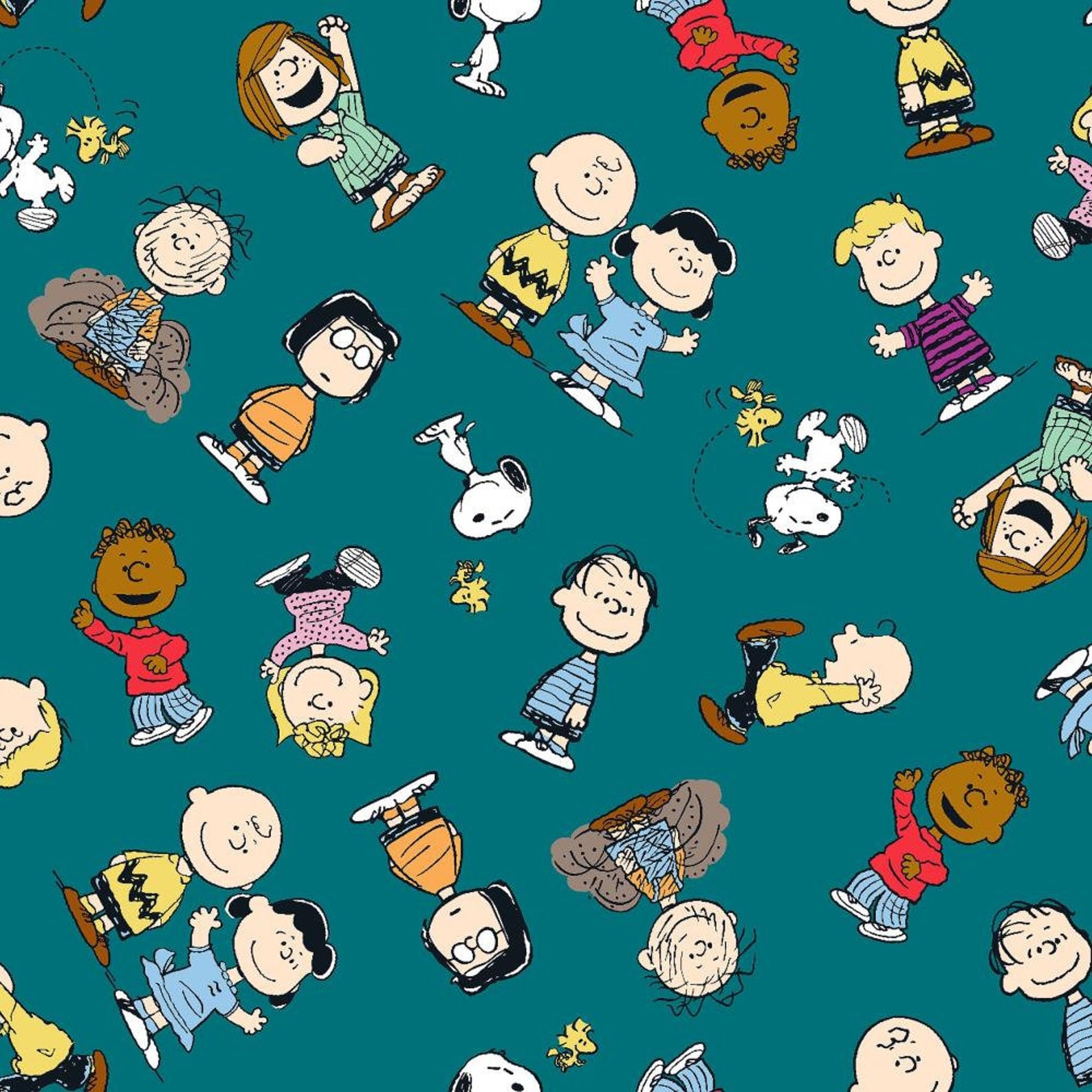 Peanuts Fabric Gangs All Here in Green From Springs Creative 100 Cotton