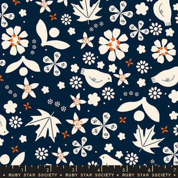 Sugar Maple, Pollinator, in Navy, RS4091 16, By Alexia Abegg, for Ruby Star, sold by the 1/2 yard or the yard
