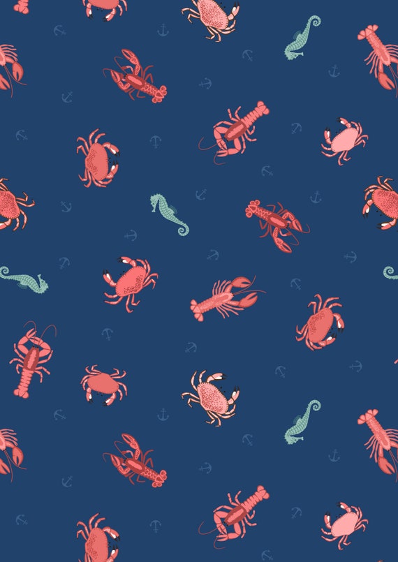 Lewis & Irene, Small Things Coastal- Crab, Lobster and Seahorse, in Dark Blue , Quilting Cotton, sold by the 1/2 yard or the yard