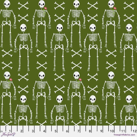 Pretty Creepy, No Bones About it, in Olive, By Cori Dantini for FreeSpirit , sold by the 1/2 yard or the yard