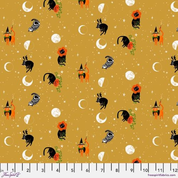 Witchy Ways, Meow at the Moon, in Gold, By Cori Dantini, FreeSpirit Fabrics, sold by the yard