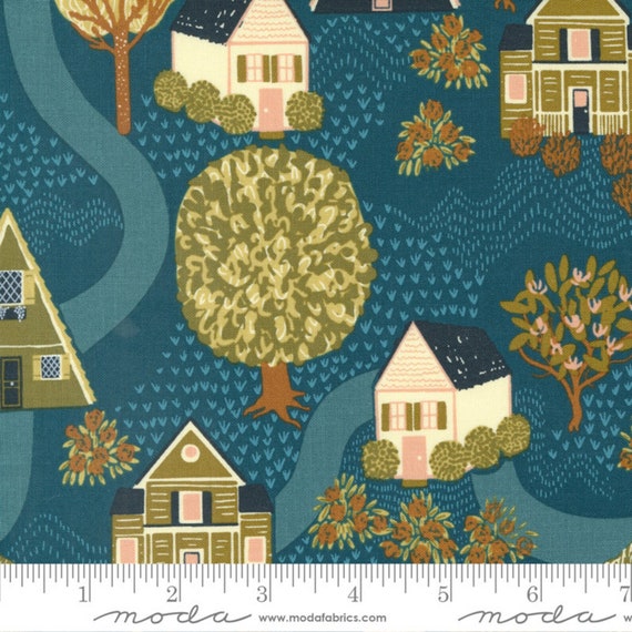Quaint Cottage, Street View Novelty Houses, in Lake Turquoise Blue, by Gingiber, for Moda, 48370-17, sold by the 1/2 yard or the yard