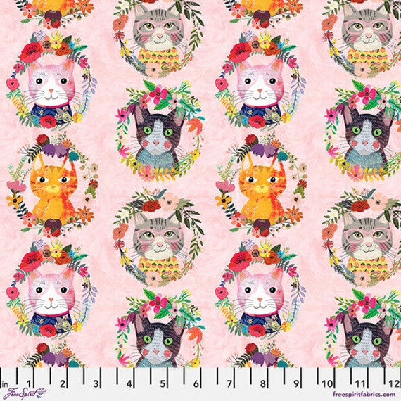 Floral Pets, Kitty Wreaths, in pink, PWMC051.XPINK, By Mia Charro, for FreeSpirit Fabrics, sold by the 1/2 yard or the yard