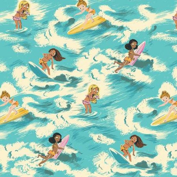 Malibu - Blue Surf Girls Ocean - 52145-1 - By Heather Ross For Windham Fabrics - Sold by the 1/2 yard or the Yard and Cut Continuous -