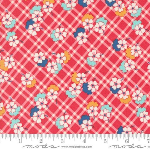30s Playtime, Picnic Posies Checks and Plaids Floral, Scarlet 33754 14, by Linzee McCray, for Moda, sold by the 1/2 yard or the yard