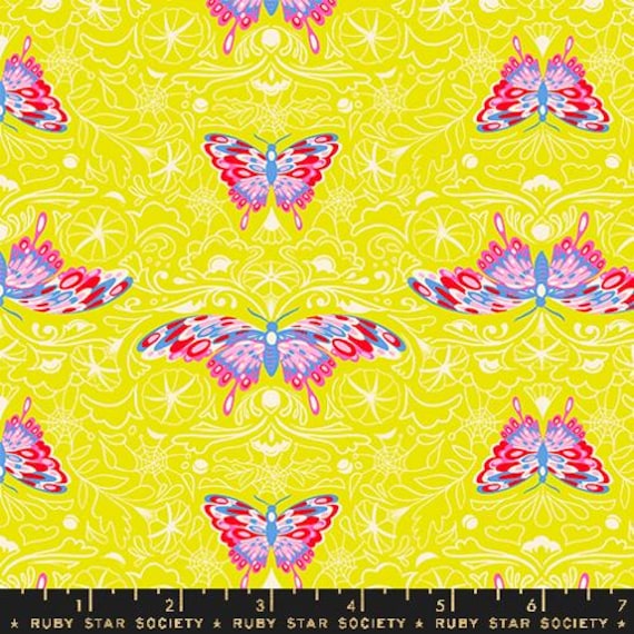 Glow Garden, Morning Moth, Novelty Butterflies Floral, in Citron, RS2116 14, By Sarah Watts, Ruby Star, sold by the yard