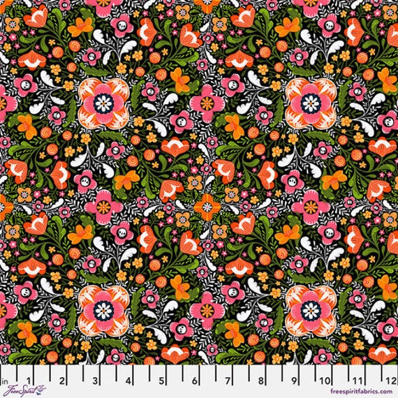 Pretty Creepy, Floral Secrets, in Black, By Cori Dantini for FreeSpirit , sold by the 1/2 yard or the yard