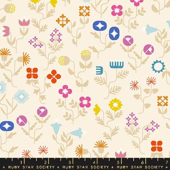Salutations, Forget Me Not Florals Modern Flowers, in Natural, By Rashida Coleman Hale, RS1092 11, Ruby Star Society, sold by the yard