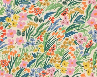 May include: A seamless pattern featuring a variety of colorful flowers and foliage on a cream background. The flowers include pink, yellow, red, and blue blooms. The foliage is green and blue.