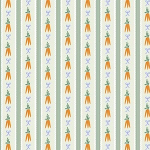 May include: A seamless pattern featuring rows of orange carrots with green tops and blue bows on a light green and white striped background.