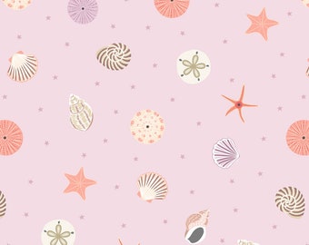 Lewis & Irene, Small Things Coastal- Seashells on Pink Sand Quilting Cotton, sold by the 1/2 yard or the yard
