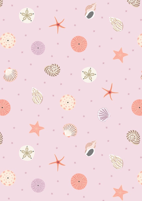 Lewis & Irene, Small Things Coastal- Seashells on Pink Sand Quilting Cotton, sold by the 1/2 yard or the yard