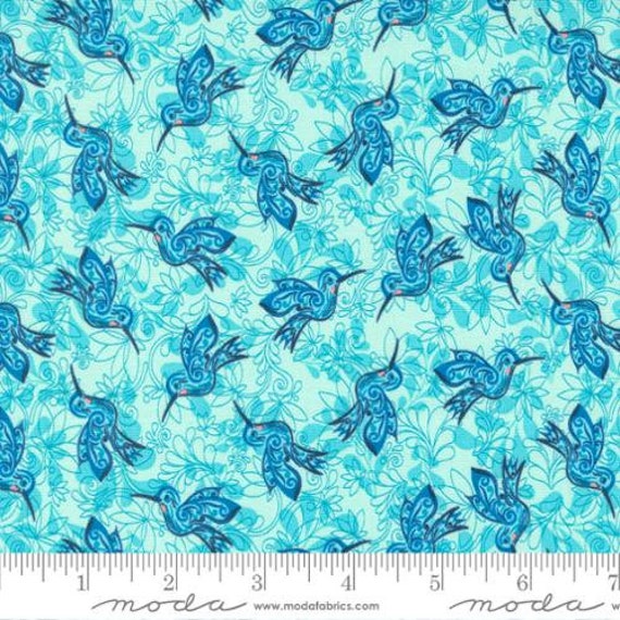 Zunzuncito Novelty Hummingbird, Land Enchantment, Green Aqua, 45034 23, By Sariditty, Moda, Sold by the 1/2 yard or the yard