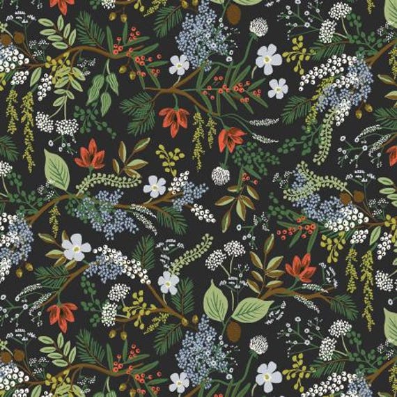 English Rose - Juniper Forest - Black Fabric, RP1402-BK1  , Rifle Paper Co, Cotton + Steel, sold by the 1/2 yard or the yard
