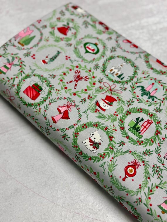 Mistletoe & Holly, Wreaths, in Silver, by Beverly McCullough for Riley Blake Designs, sold be the yard