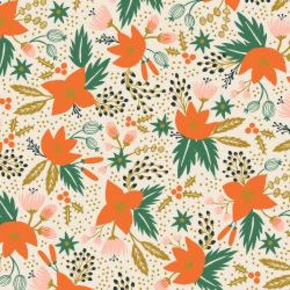 Holiday Classics,  Poinsettia, Cream Metallic Fabric, RP602-CR2M , By Rifle Paper Co, Cotton and Steel, sold by the 1/2 yard or the yard