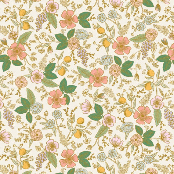 Orchard, RP1202-CR1M, Colette,  Cream Metallic Fabric, By Rifle Paper Co, for Cotton+Steel, sold by the 1/2 yard or the yard