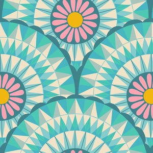May include: A seamless pattern featuring a repeating design of pink flowers with yellow centers surrounded by blue and white geometric shapes.