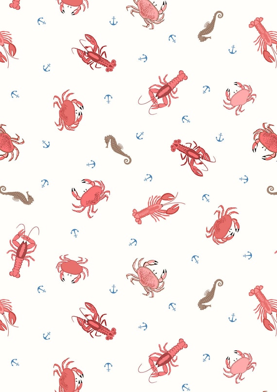 Lewis & Irene, Small Things Coastal- Crab, Lobster and Seahorse on Cream , Quilting Cotton, sold by the 1/2 yard or the yard