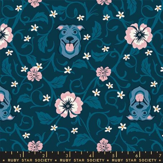 Dog Park, Pitbull Novelty, Floral Pets Dogs Retro, in Teal Navy, RS2095 14, by Sarah Watts, Ruby Star, sold by the 1/2 yard or the yard