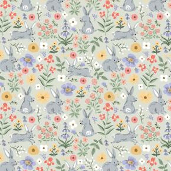 Easter II, Bunny Floral, in Green Fabric, RP1508-GR3, Rifle Paper Co, Cotton+Steel, sold by the yard