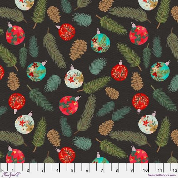Christmas Spirit, Happy Eve, in Charcoal, By Mia Charro, FreeSpirit, sold by the 1/2 yard or the yard