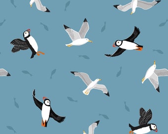 Lewis & Irene, Small Things Coastal- Puffins and Gulls, on  light blue, Quilting Cotton, sold by the 1/2 yard or the yard